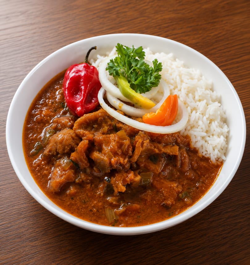 A white bowl of stewed meat in a rich red sauce, white rice, and garnished with peppers and onions.
