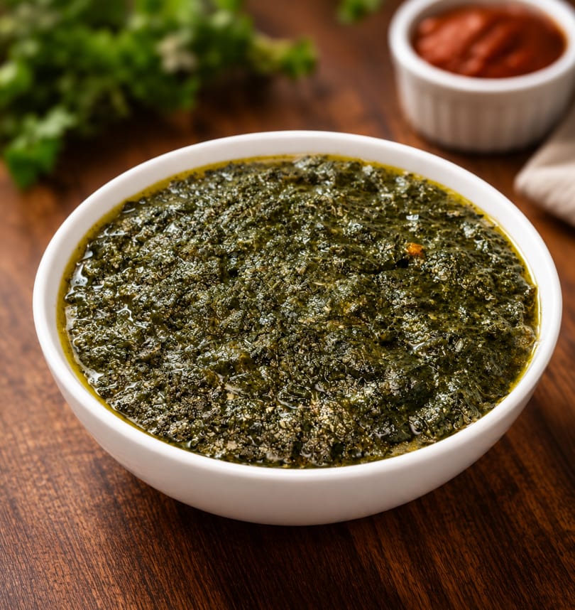 Close-up of a white bowl filled with vibrant green molokhia stew on a wooden table.