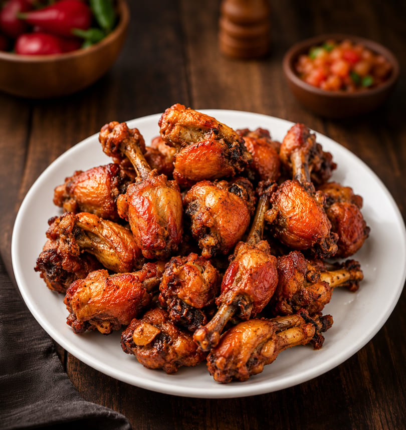 A white plate piled high with crispy, golden-brown chicken drumettes and wings on a wooden table.