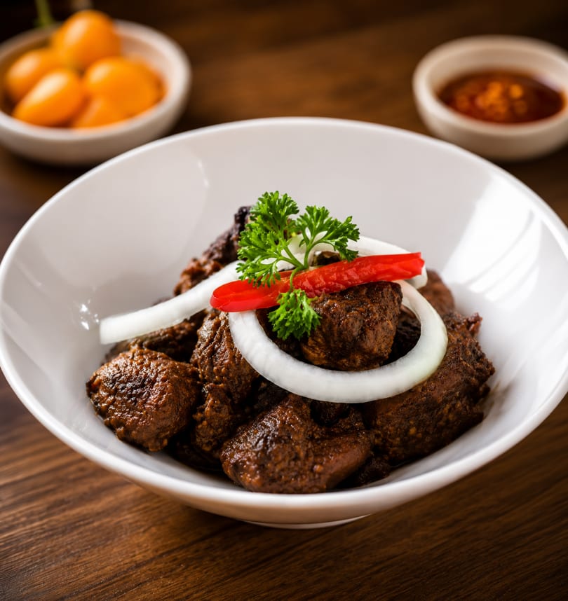 Dark stewed meat with onion rings, red pepper, and parsley in a white bowl.