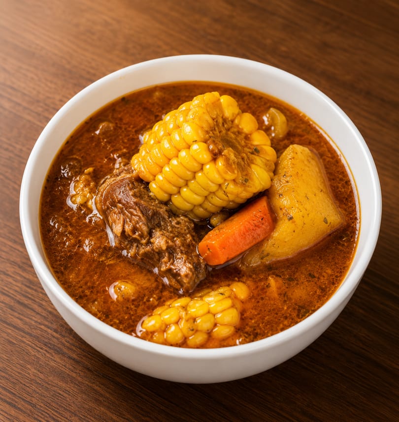 Hearty beef stew with corn on the cob, potatoes, and carrots in a white bowl.
