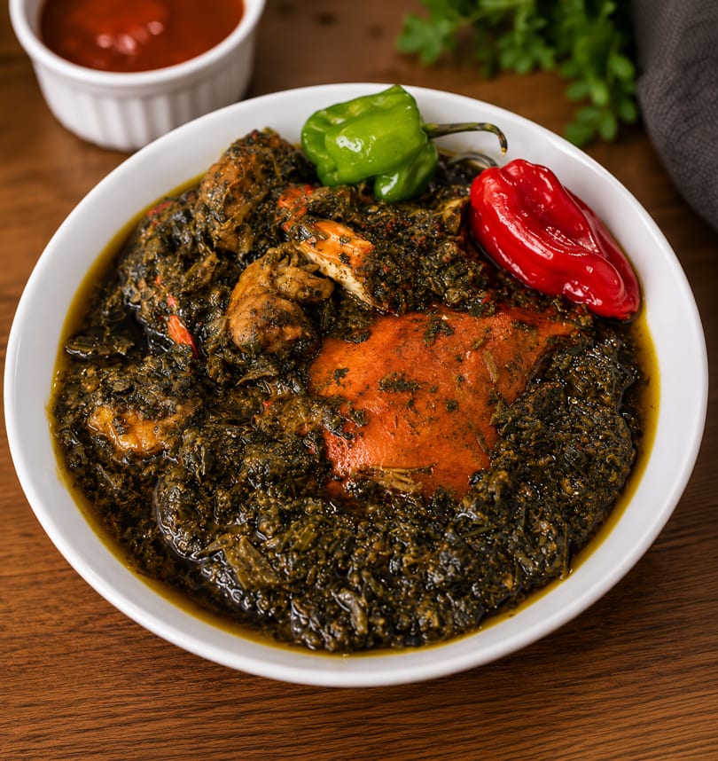 A white bowl of dark green stew with crab, shrimp, and red and green peppers.