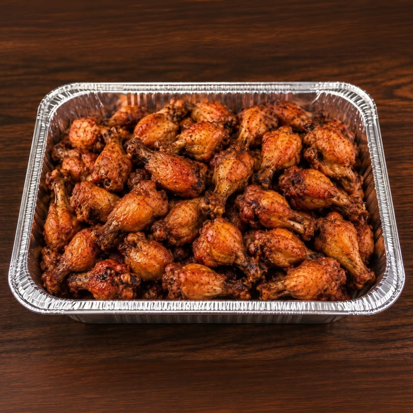 A large foil tray filled with many golden-brown, seasoned chicken drumettes on a dark wooden surface.