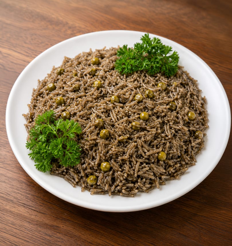 A white plate of dark brown rice with green peas and parsley on a wooden table.