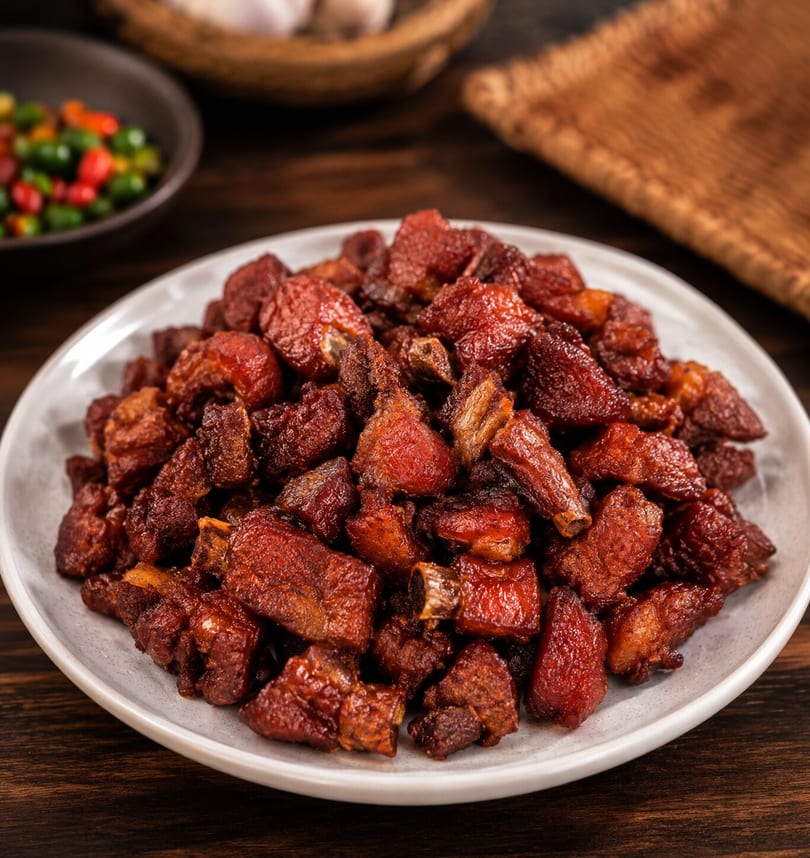 Close-up of crispy, deep-fried pork ribs on a white plate, with chilies and garlic in the background.